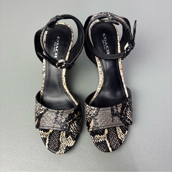 Coach Pipher Women's Heels Sandals 6.5B Black Snake Print Ankle Buckle Block - Picture 4 of 11